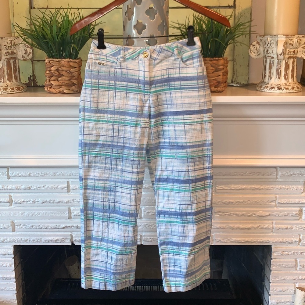 ST. JOHN SPORT Blue Green Preppy Plaid Print Resort Vacation Cropped Pants 0